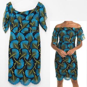 Trina Turk Naomi Dress Off The Shoulder Midi Embroidered Cocktail Blue 6 New
